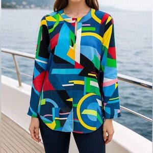 Ralph Lauren Black Label Yellow and Blue Graphic Blouse
